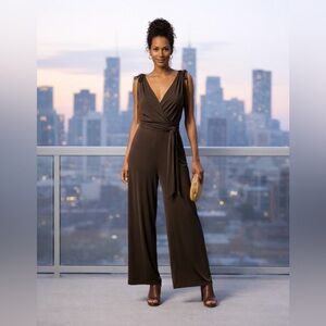 Moulinette Soeurs Anthropologie Espresso Green Wrap Jumpsuit